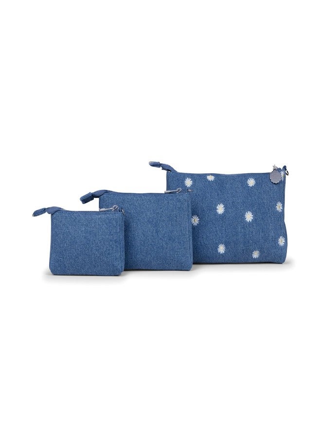 JuJuBe 3-Piece Pouch Set Diaper Bag Organizing Pouches, Perfect for Travel, On The Go, Zipper Cosmetic Makeup Bag or Diaper and Wipes Storage Pouch, Large, Medium, & Small, Denim & Daisies (Blue) - Image 2